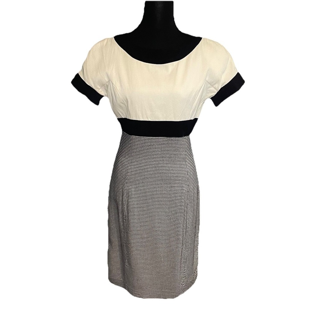 Vintage J M  Black and White Houndstooth‎ Sheath Dress Size 6 Classic Mod Style